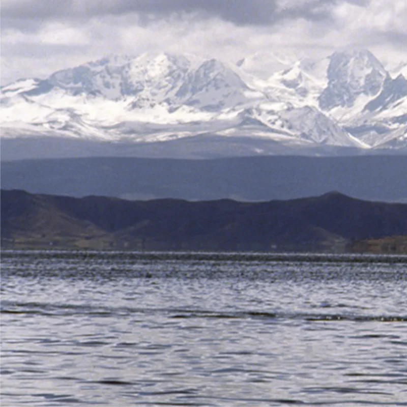 Cordillera nevada detrás de una laguna del altiplano bajo un cielo nublado.