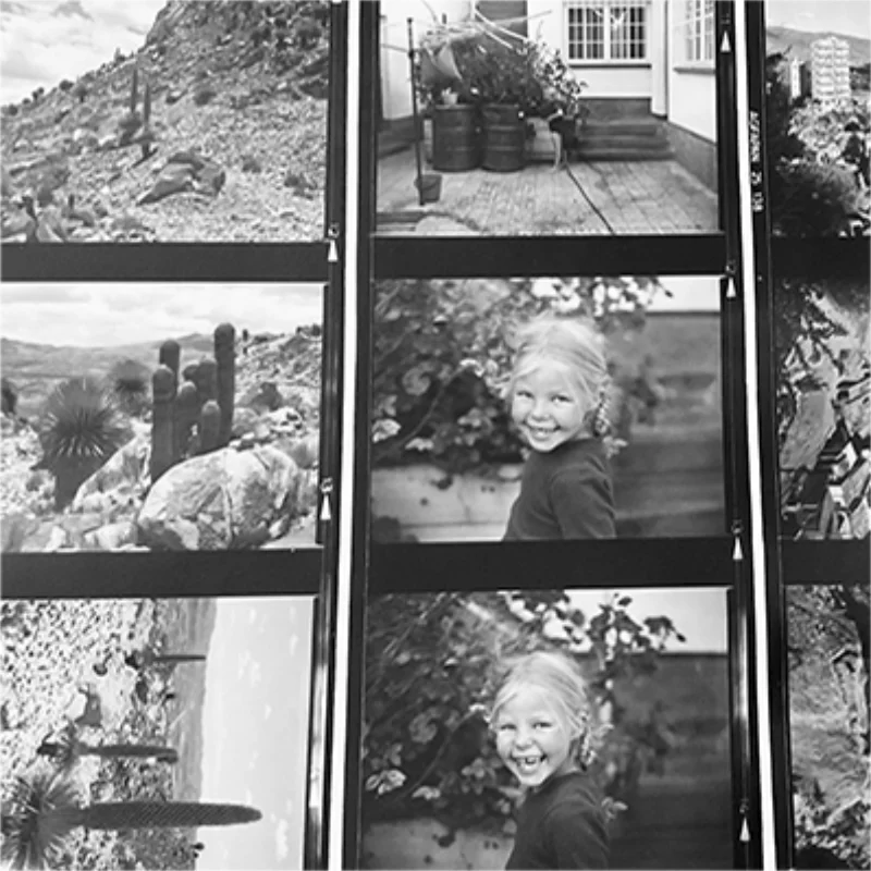Tiras de negativos en blanco y negro con paisajes, cactus y retratos de una niña.